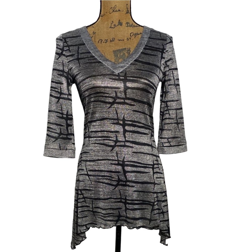 Joseph Ribbkoff 6 Top Asymmetric Tunic Silver‎ Metallic Black Stripe Elbow Sl